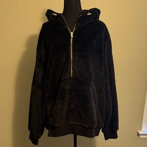 Black Faux Fur Zip-Up Hoodie
